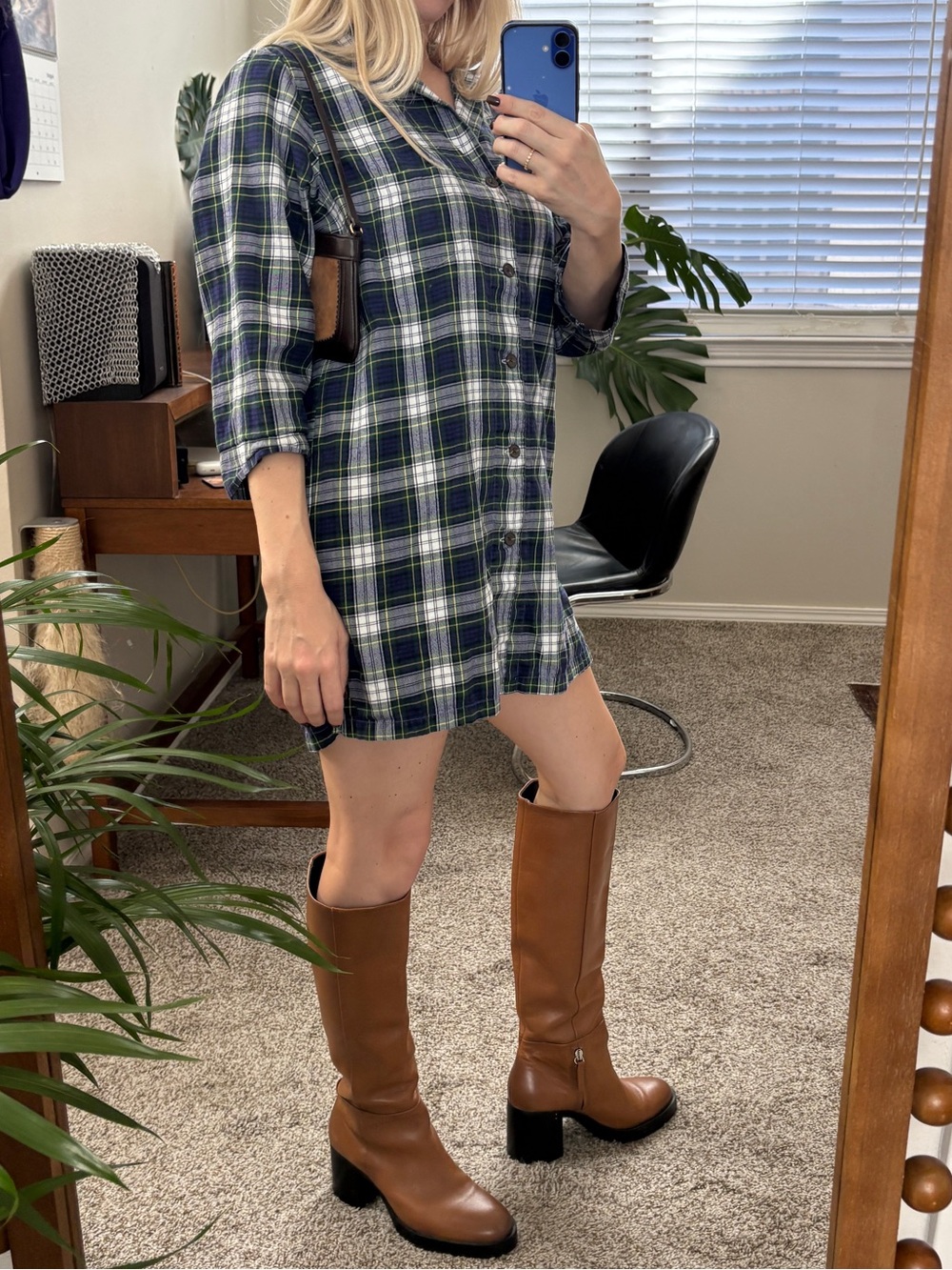Frank Eileen Plaid 2010s Cotton Navy White green Mini Shirt Dress XS / S